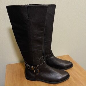 Franco Sarto Knee High Leather Boots Zipper Stretch Panel Buckles Size 8.5 W